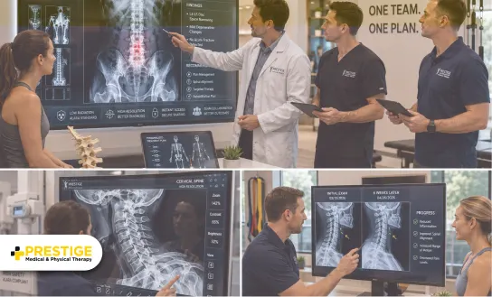 Digital Radiography in Multidisciplinary Patient Care Medical therapy team reviewing digital radiography scans with a patient during a multidisciplinary care consultation