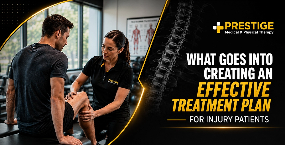 Physical therapist assessing a patient's knee injury while creating a personalized treatment plan for pain relief, rehabilitation, mobility restoration, and recovery after injury.