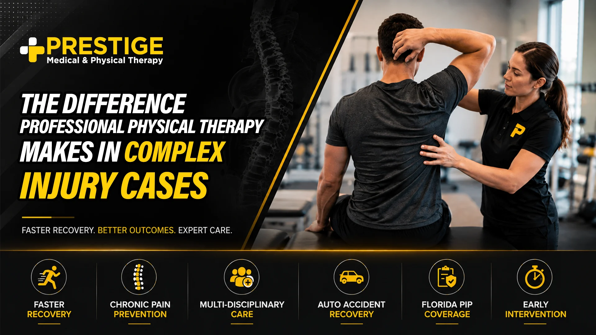Physical therapist assisting a patient with rehabilitation exercises for recovery from a complex injury and chronic pain management.
