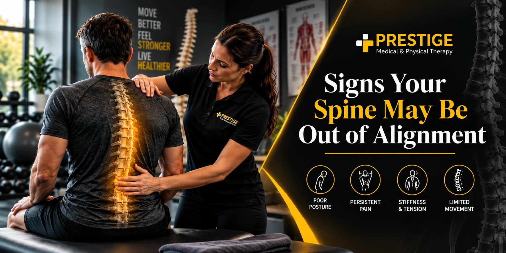 Warning Signs Your Spine May Be Out of Alignment Guide Physical therapist examining a male patient's illuminated spine for signs of spinal misalignment in a clinic.